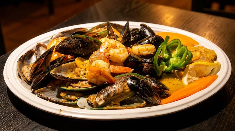A white plate filled with mussels, shrimp, green bell peppers, and lemon wedges in a sauce.