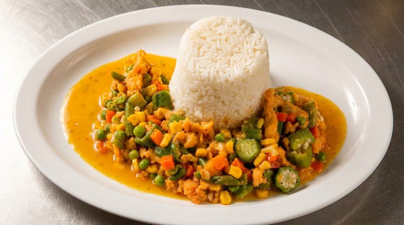 A white plate with a mound of white rice next to a colorful vegetable and chicken stew.